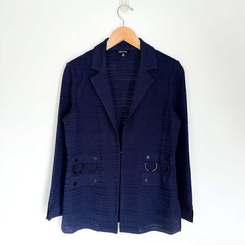 Misook Women’s Navy Knit Textured Single Hook Notched Collared Cardigan Blazer
